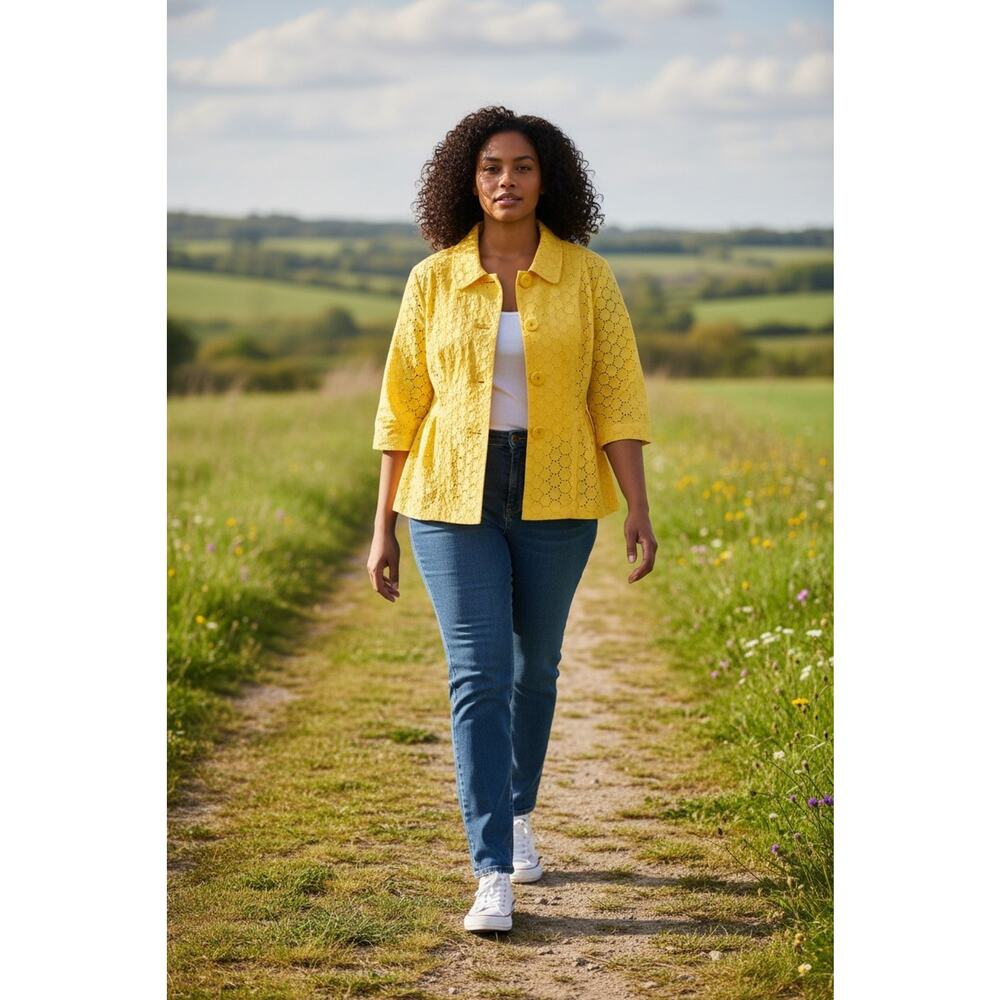 Style Co Jacket Womens 16 Petite Yellow 100% Linen Eyelet 3/4 Kimono Sleeve Boho